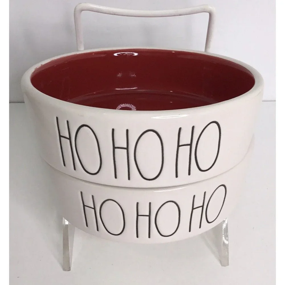 2 Dish Bowl Rae Dunn Christmas HO HO HO Small Dog Cat Pet Food Water NEW